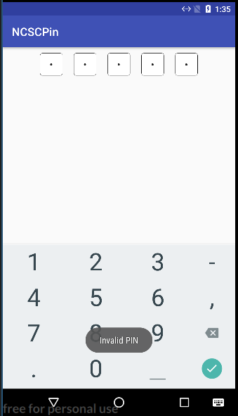 NCSCPin app with invalid PIN entered