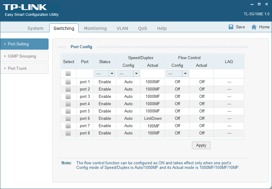 port setting screen